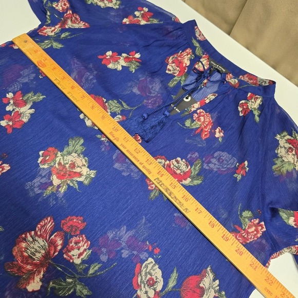 Lucky Brand Floral Sheer Tassel Blouse Womens Small‎ Blue Boho Airy Popover Top - Picture 10 of 13